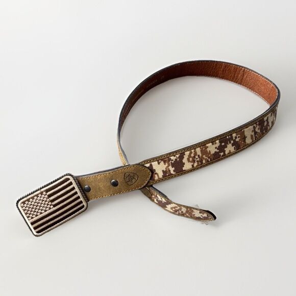Ariat Boys Western Leather Belt Size 26 Brown Camo American Flag - Picture 1 of 6